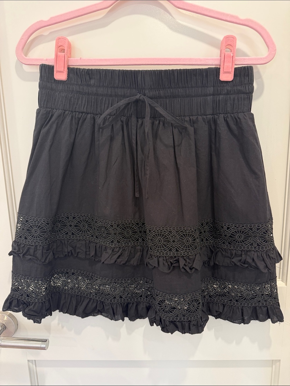 sundays Black Ruffled Crochet Hem Mini Skirt